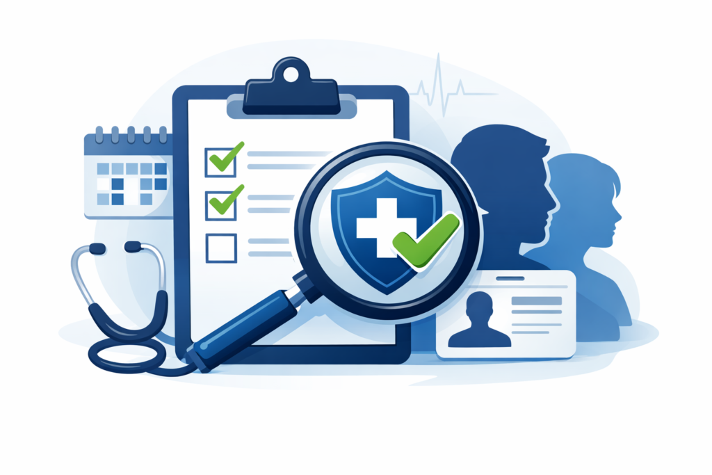 Conceptual illustration showing eligibility evaluation for short-term health insurance plans