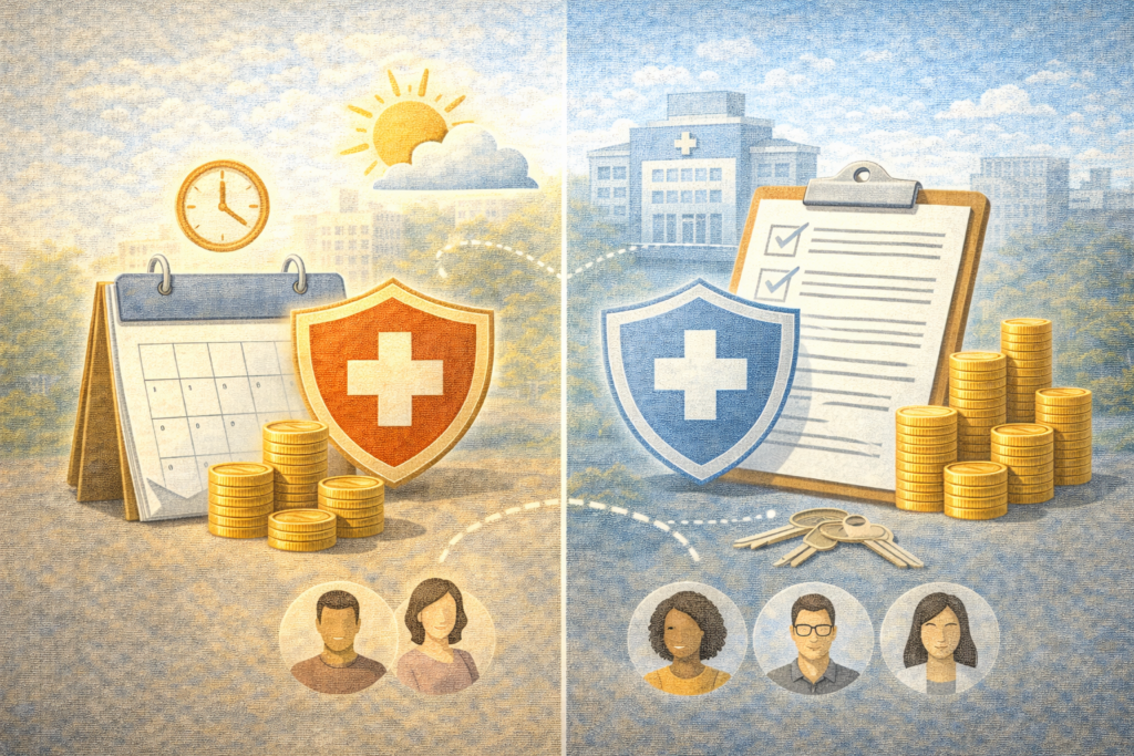 Side-by-side illustration comparing short-term health insurance and ACA plans